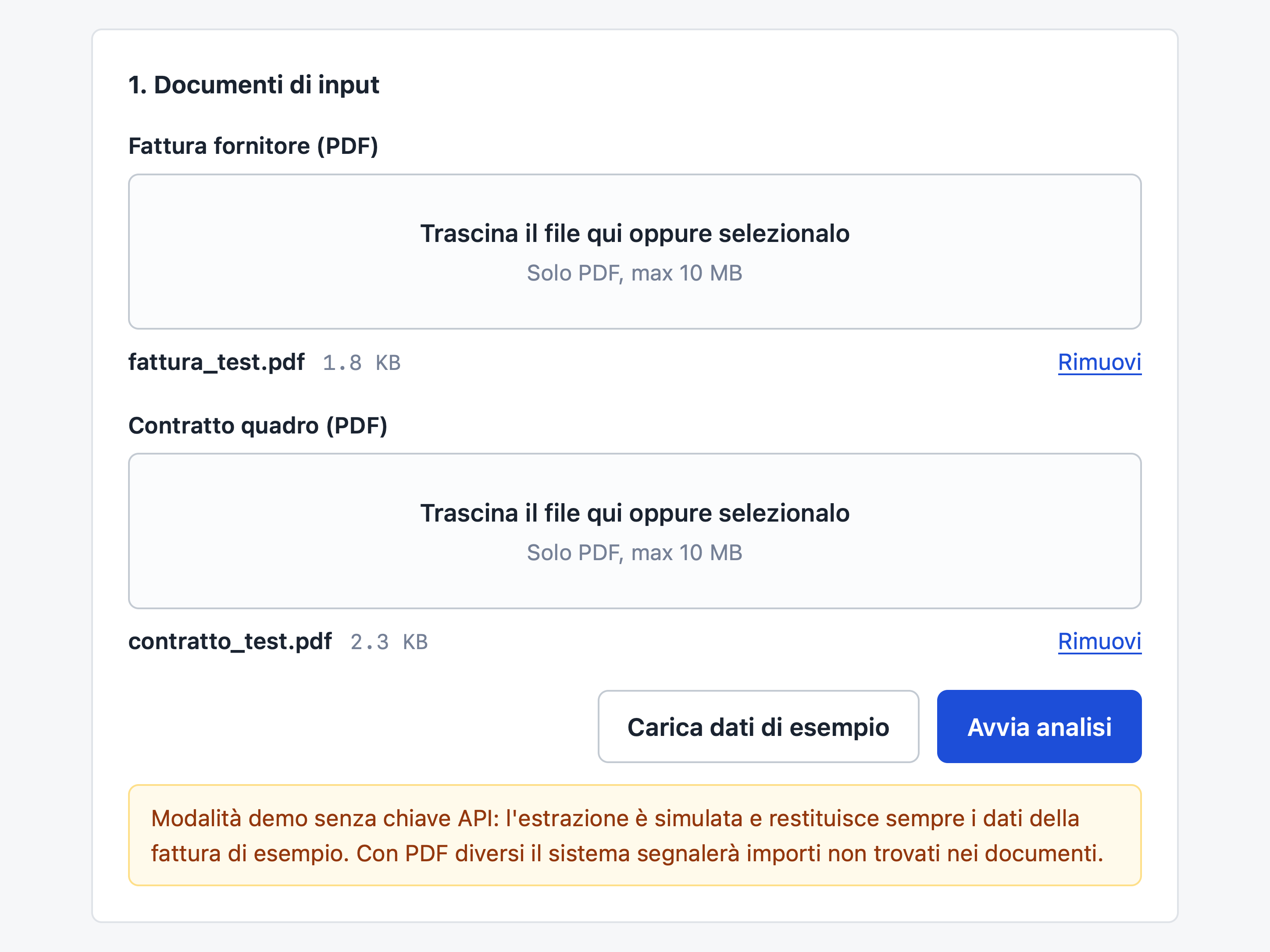 Upload screen with the invoice and the framework contract loaded