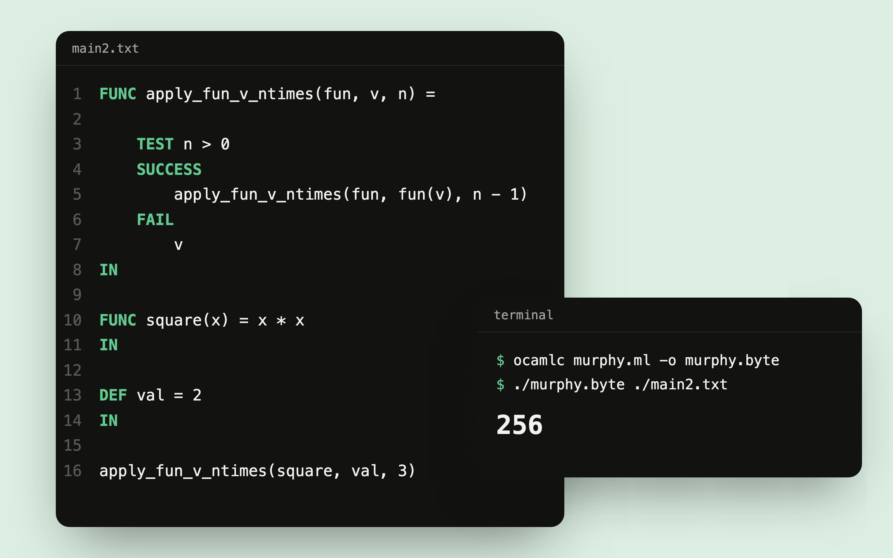 A Murphy program that applies the square function three times to 2, and the terminal printing 256